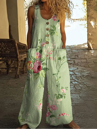 Floral Crew Neck Sleeveless Printing Casual Overall Summer Jumpsuit