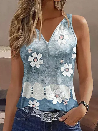 Floral V Neck Sleeveless Casual Daily Summer Tank Top