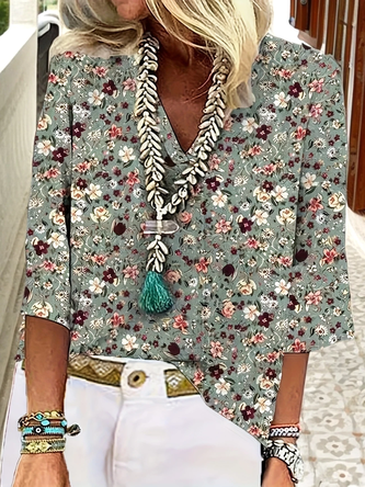Floral V Neck Three Quarter Sleeve Casual Daily Spring Fall Blouse