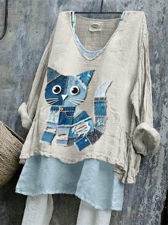 Cat V Neck Long Sleeve Casual Daily Spring Fall Blouse