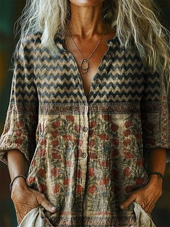 Striped Stand Collar Linen Blend Half Sleeve Vintage Daily Summer Shirt