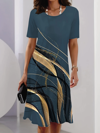 Abstract Crew Neck Printing Tunic Vintage Summer Daily Midi H Line Dress