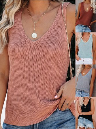 Plain V Neck Cotton Sleeveless Simple Daily Summer Tank Top