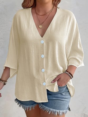 Plain V Neck Three Quarter Sleeve Casual Daily Spring Fall Shirt