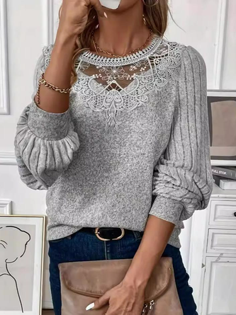 Women Plain Crew Neck Long Sleeve Sexy Daily Spring/Fall Knit Top