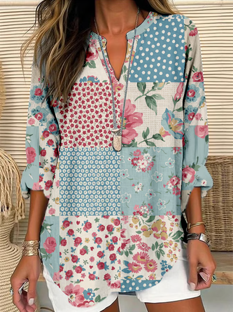 Floral V Neck Cotton Blend Long Sleeve Casual Daily Spring Fall Blouse