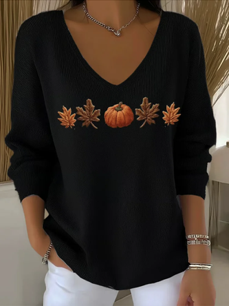 Women Floral V Neck Cotton Long Sleeve Casual Daily Spring/Fall Sweater