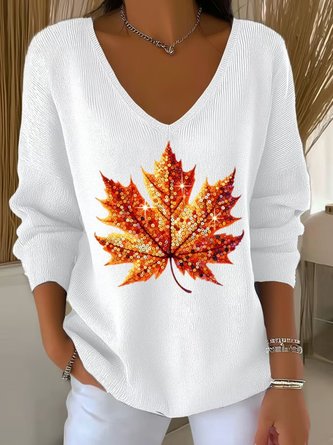 Women Maple Leaf V Neck Cotton Long Sleeve Casual Daily Spring/Fall Sweater