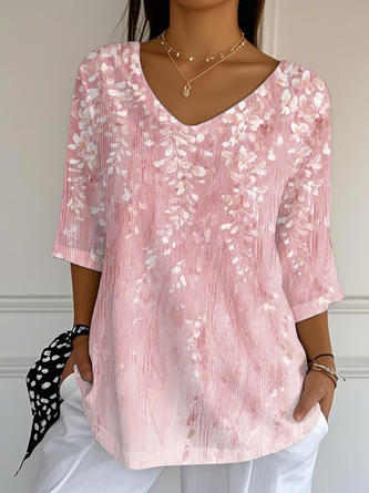 Floral V Neck Three Quarter Sleeve Casual Daily Spring Fall T shirt