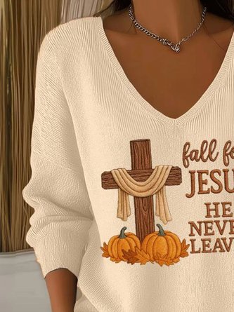 Women Jesus Copy V Neck Cotton Long Sleeve Casual Daily Spring/Fall Sweater