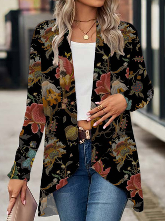Floral Jersey Long Sleeve Casual Printing Spring Fall Daily Kimono Outerwear