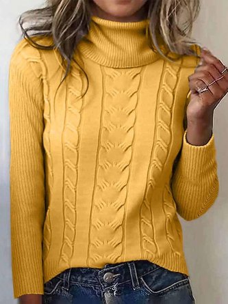 Women Plain Turtleneck Long Sleeve Vintage Daily Winter Sweater