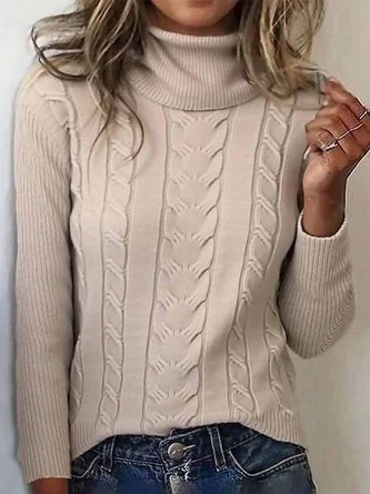Women Plain Turtleneck Long Sleeve Vintage Daily Winter Sweater