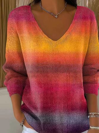 Women Ombre V Neck Cotton Long Sleeve Casual Daily Spring/Fall Sweater