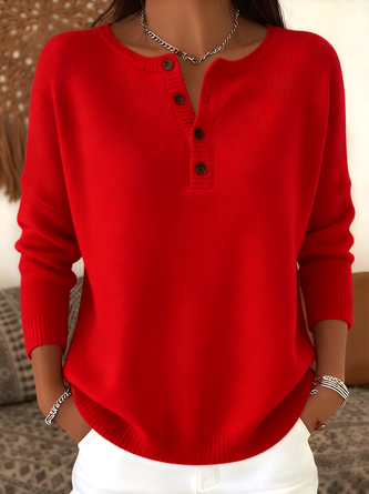 Women Plain Henley Collar Cotton Long Sleeve Casual Daily Spring/Fall Sweater
