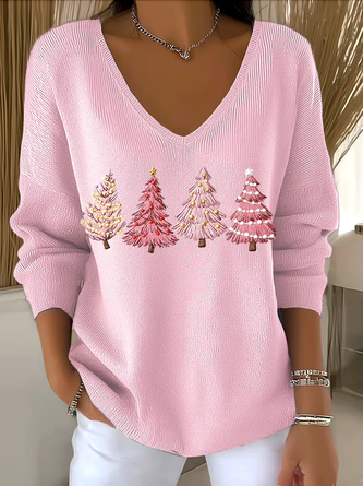 Women Plants V Neck Cotton Long Sleeve Casual Daily Spring/Fall Sweater