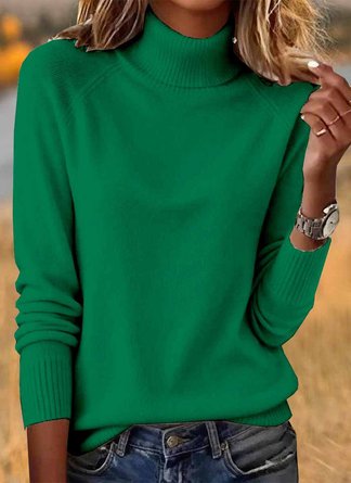Women Plain Turtleneck Cotton Long Sleeve Casual Daily Spring/Fall Sweater