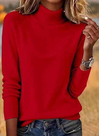 Women Plain Turtleneck Cotton Long Sleeve Casual Daily Spring/Fall Sweater