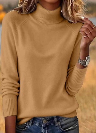 Women Plain Turtleneck Cotton Long Sleeve Casual Daily Spring/Fall Sweater