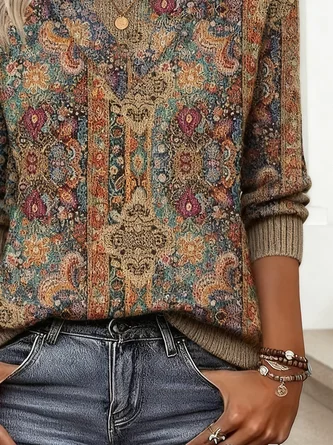 Women Geometric Turtleneck Long Sleeve Vintage Daily Winter Sweater