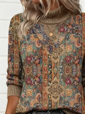 Women Geometric Turtleneck Long Sleeve Vintage Daily Winter Sweater