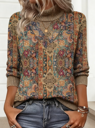 Women Geometric Turtleneck Long Sleeve Vintage Daily Winter Sweater