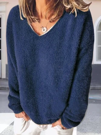 Women Plain V Neck Long Sleeve Street Daily Winter Sweater