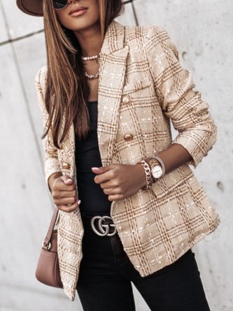 Women Color Block Tweed Jacket Long Sleeve Vintage Printing Spring/Fall Daily Blazer Outerwear