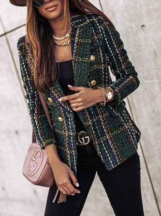 Women Color Block Tweed Jacket Long Sleeve Vintage Printing Spring/Fall Daily Blazer Outerwear