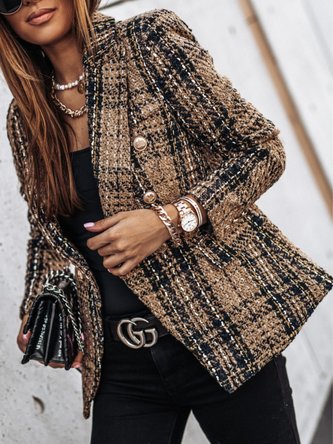 Women Color Block Tweed Jacket Long Sleeve Vintage Printing Spring/Fall Daily Blazer Outerwear