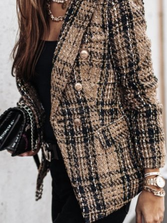 Women Color Block Tweed Jacket Long Sleeve Vintage Printing Spring/Fall Daily Blazer Outerwear