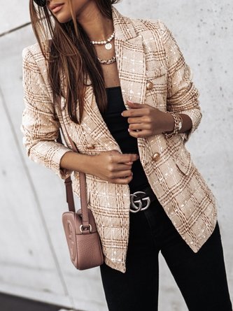 Women Color Block Tweed Jacket Long Sleeve Vintage Printing Spring/Fall Daily Blazer Outerwear