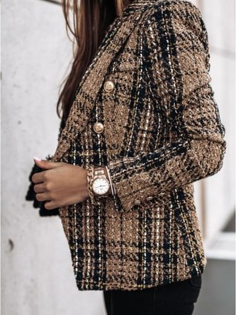 Women Color Block Tweed Jacket Long Sleeve Vintage Printing Spring/Fall Daily Blazer Outerwear