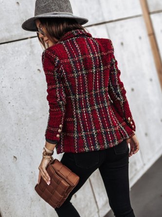Women Color Block Tweed Jacket Long Sleeve Vintage Printing Spring/Fall Daily Blazer Outerwear