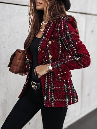 Women Color Block Tweed Jacket Long Sleeve Vintage Printing Spring/Fall Daily Blazer Outerwear