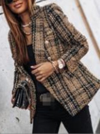 Women Color Block Tweed Jacket Long Sleeve Vintage Printing Spring/Fall Daily Blazer Outerwear