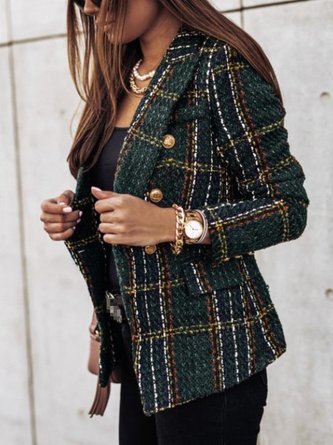 Women Color Block Tweed Jacket Long Sleeve Vintage Printing Spring/Fall Daily Blazer Outerwear