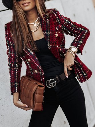 Women Color Block Tweed Jacket Long Sleeve Vintage Printing Spring/Fall Daily Blazer Outerwear