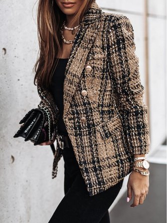 Women Color Block Tweed Jacket Long Sleeve Vintage Printing Spring/Fall Daily Blazer Outerwear