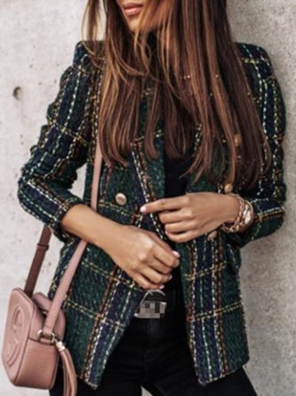 Women Color Block Tweed Jacket Long Sleeve Vintage Printing Spring/Fall Daily Blazer Outerwear