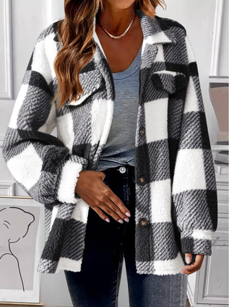 Women Color Block Cotton Shawl Collar Flannel Jacket Long Sleeve Vintage Printing Spring/Fall Commuting Jacket Outerwear