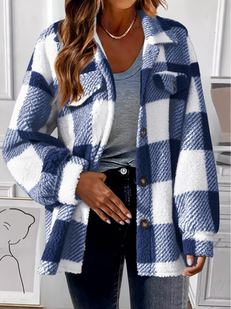 Women Color Block Cotton Shawl Collar Flannel Jacket Long Sleeve Vintage Printing Spring/Fall Commuting Jacket Outerwear