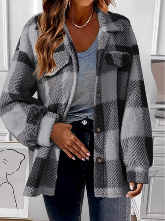 Women Color Block Cotton Shawl Collar Flannel Jacket Long Sleeve Vintage Printing Spring/Fall Commuting Jacket Outerwear