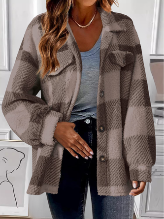 Women Color Block Cotton Shawl Collar Flannel Jacket Long Sleeve Vintage Printing Spring/Fall Commuting Jacket Outerwear