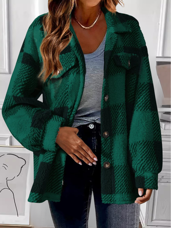 Women Color Block Cotton Shawl Collar Flannel Jacket Long Sleeve Vintage Printing Spring/Fall Commuting Jacket Outerwear