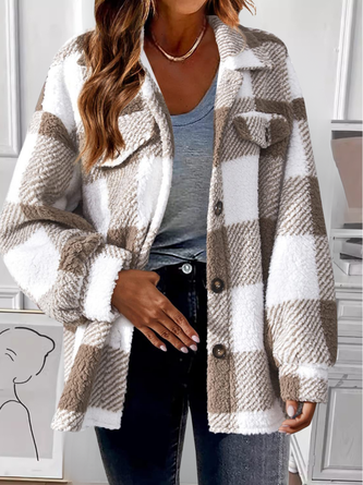 Women Color Block Cotton Shawl Collar Flannel Jacket Long Sleeve Vintage Printing Spring/Fall Commuting Jacket Outerwear