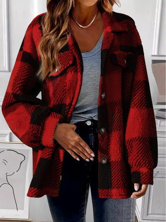 Women Color Block Cotton Shawl Collar Flannel Jacket Long Sleeve Vintage Printing Spring/Fall Commuting Jacket Outerwear