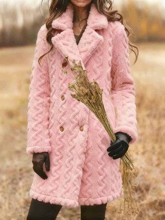Women Plain Shawl Collar Flannel Jacket Long Sleeve Casual Jacquard Winter Daily Coat Outerwear