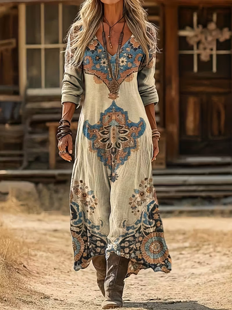 Abstract V Neck Printing Vintage Spring Fall Daily Maxi H Line Dress