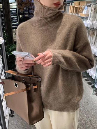 Women Plain Turtleneck Long Sleeve Street Daily Winter Sweater